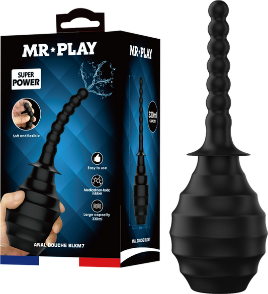 The image shows a black anal douche with a ribbed design and a flexible nozzle. The product is displayed in its packaging, which highlights features such as 'super power' and 'easy-squeeze hand bulb'.