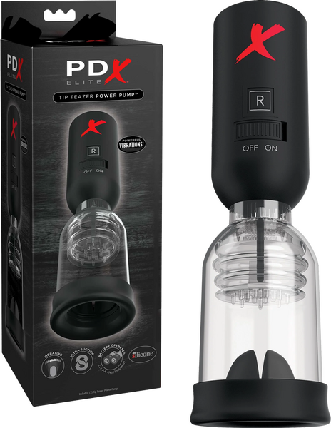 The product image shows the Pipedream PDX ELITE Tip Teazer Power Vibrating Suction Pump. It includes the pump itself, which is clear and black, and the packaging box with the PDX Elite branding and product details.