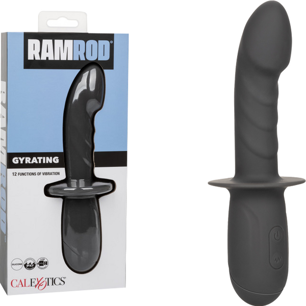 The image shows the Ramrod Gyrating G-Spot Vibrator, which is black. The product is displayed both in its packaging and standalone.
