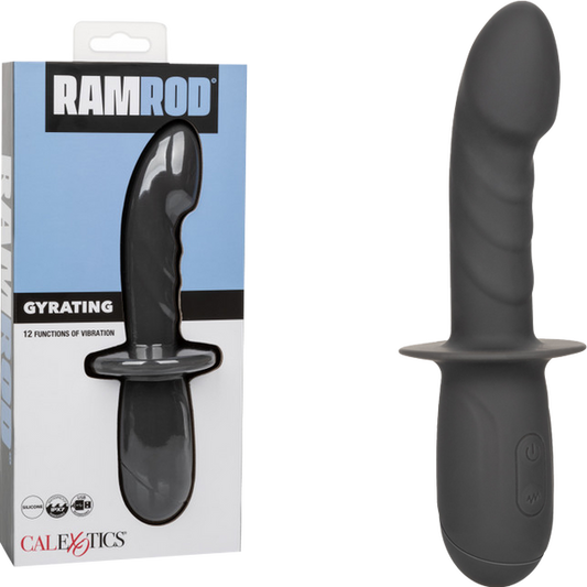 The image shows the Ramrod Gyrating G-Spot Vibrator, which is black. The product is displayed both in its packaging and standalone.
