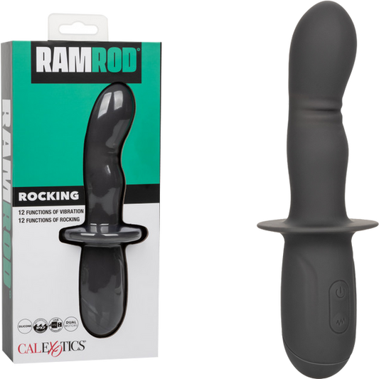 The image shows the Ramrod Rocking dual motor vibrator, with a sleek black design. The product is displayed both in its packaging and separately.