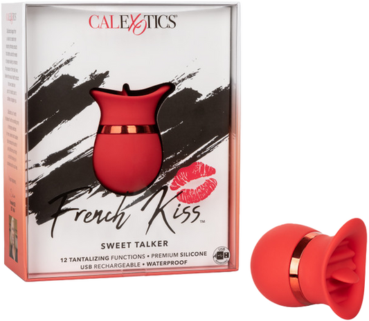 The product image shows the packaging of the French Kiss Sweet Talker, which includes a compact red massager. The box highlights the 12 flickering tongue-like functions and its suitability for travel.