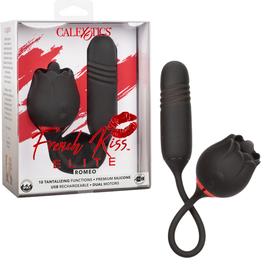 The product image shows the French Kiss Elite Romeo in its packaging, featuring a black and red design with the image of a sleek, black massager and its components.