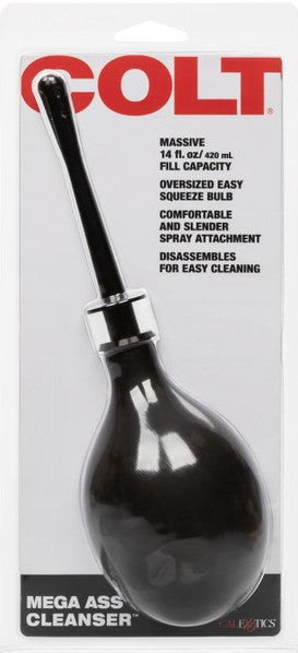 The image shows a black and red package of the COLT Mega Ass Cleanser with a detachable applicator tip. The package is labeled with product details and the brand name prominently displayed.