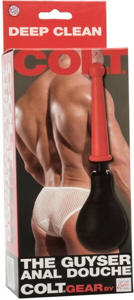 The product image shows the packaging of COLT The Guyser Anal Douche with a red EZ Squeeze bulb and a black soft tip. The box features an image of a man using the product.
