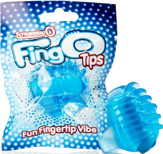The product image shows the Screaming O FingO Tips Micro Massagers in blue color, both inside and outside of its packaging. The packaging is predominantly blue with polka dots and the product name is prominently displayed.